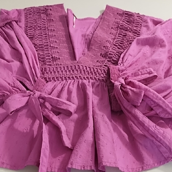 Free People Raspberry Boho Cotton Crochet Ruffled Dobby embroidered Blouse Top - Picture 6 of 13